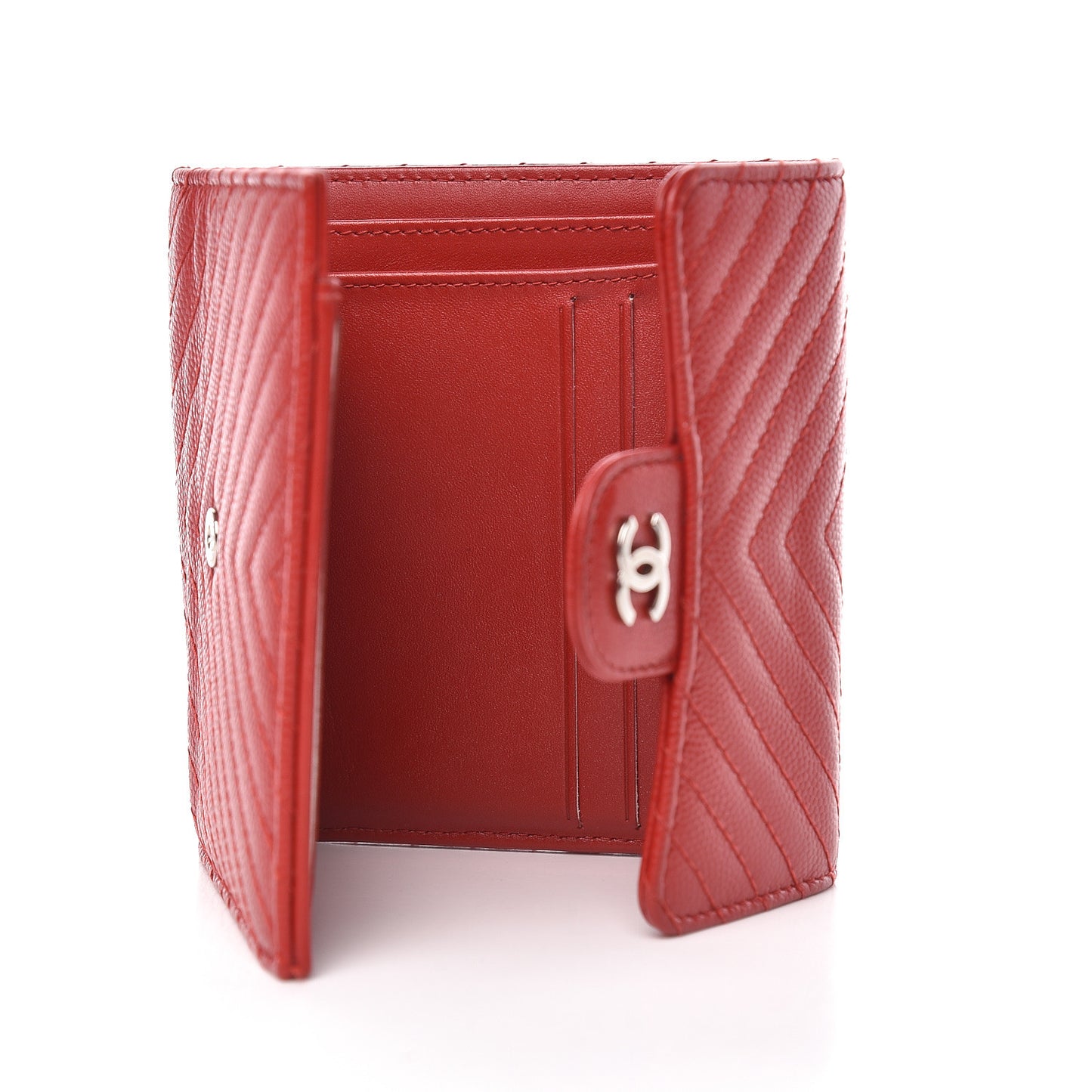 Caviar Chevron Quilted Compact Flap Wallet Dark Red