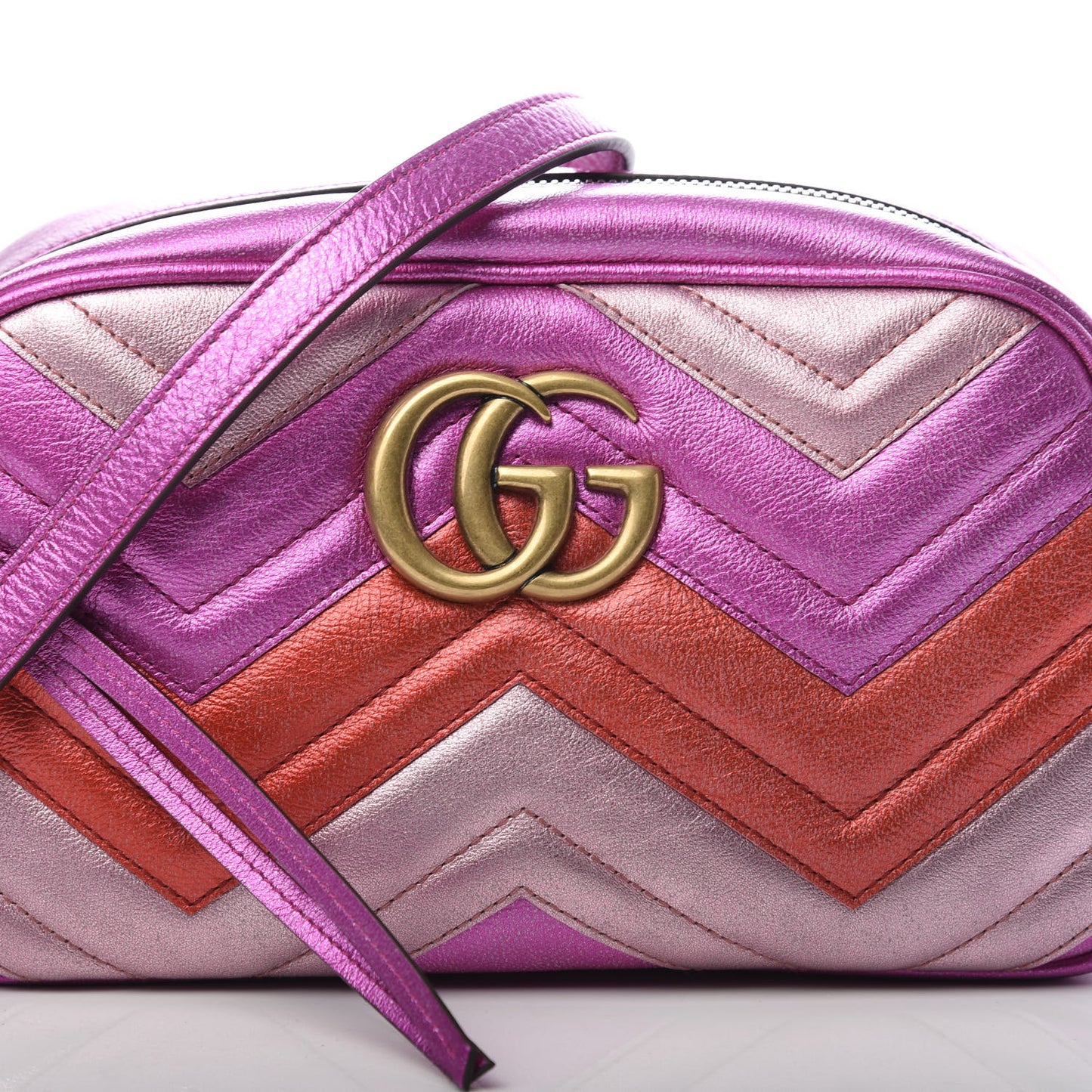Laminated Nappa Matelasse Small GG Marmont Chain Shoulder Bag Fuxia Rosso Rosa
