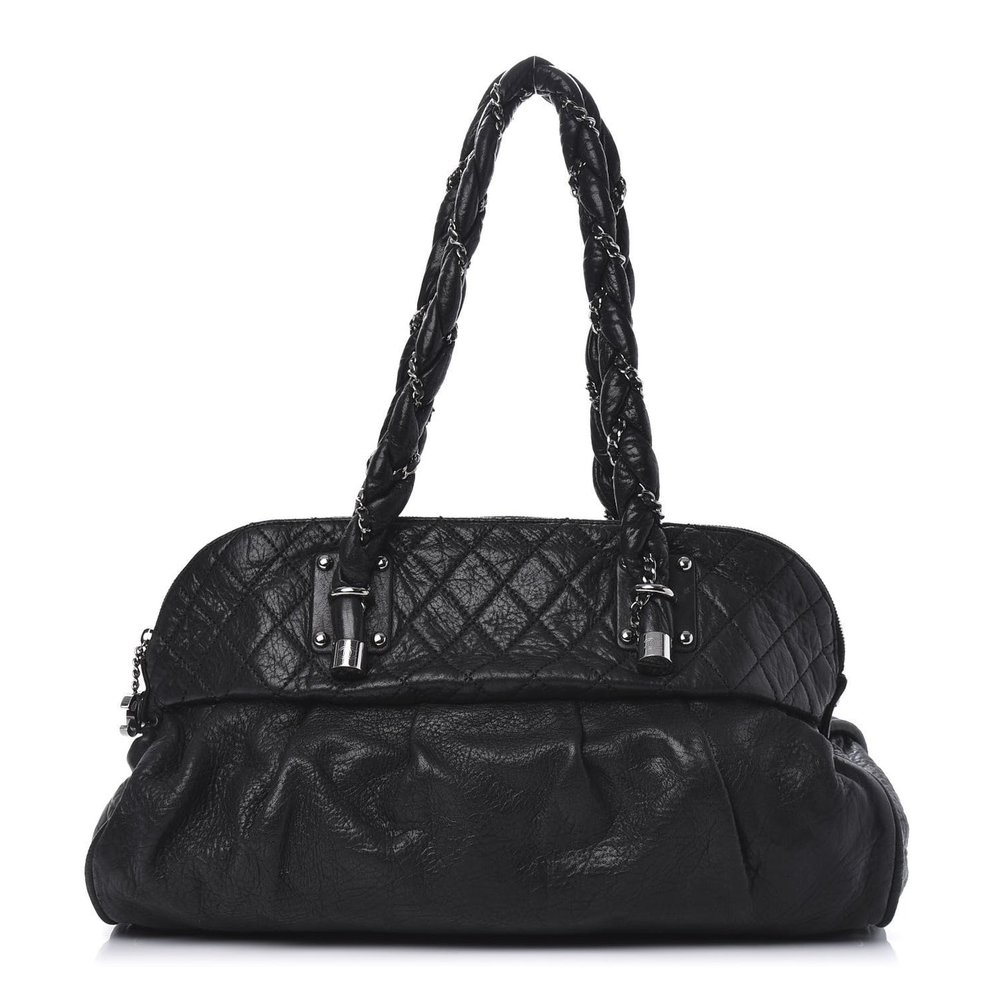 Distressed Lambskin Large Lady Braid Satchel Black