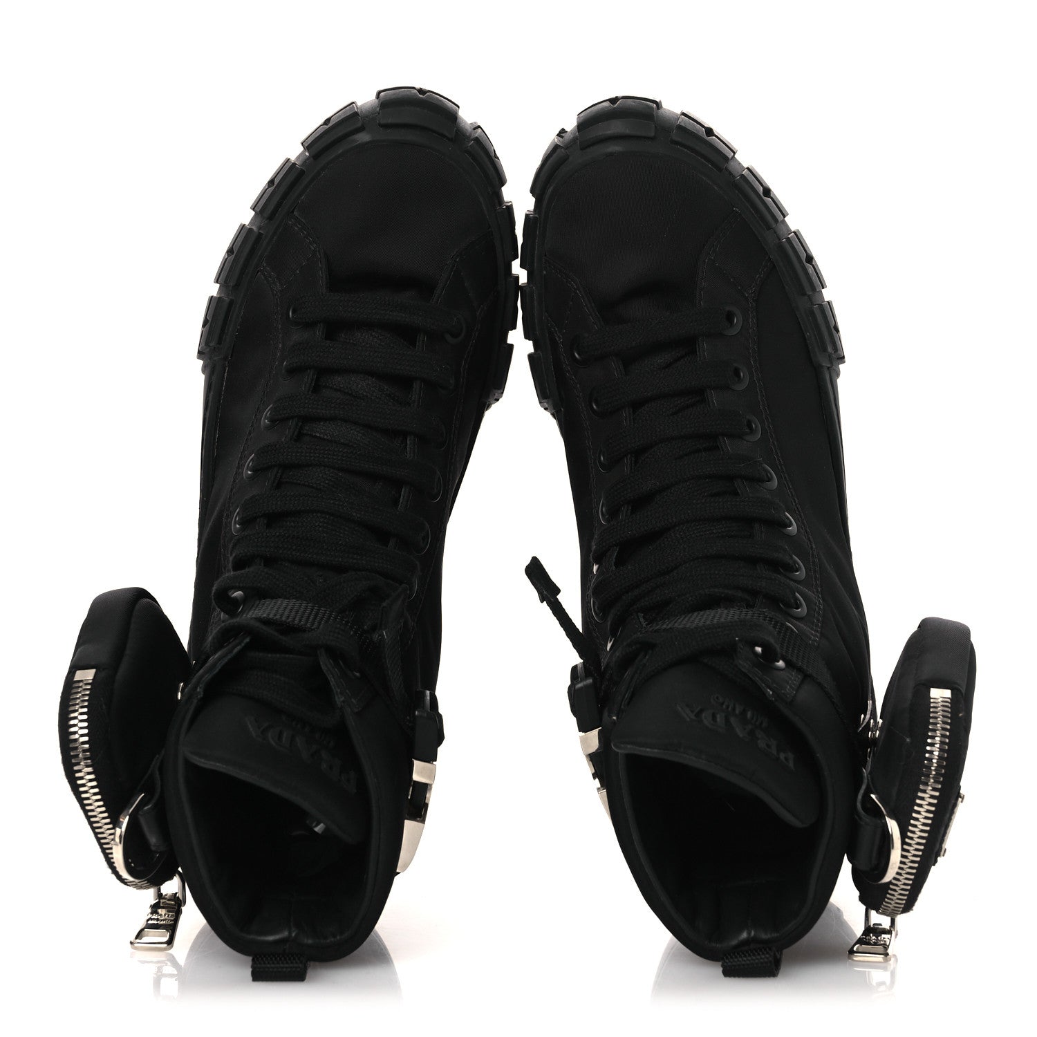 Prada Re-Nylon Gabardine Triangle Womens Wheel Pouch Pocket High Top Sneakers 38 Black 2 of 12