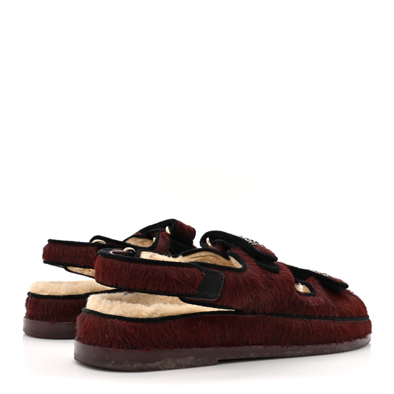 Chanel Calf Hair Suede Shearling Dad Sandals 38 Burgundy Black 5 of 11