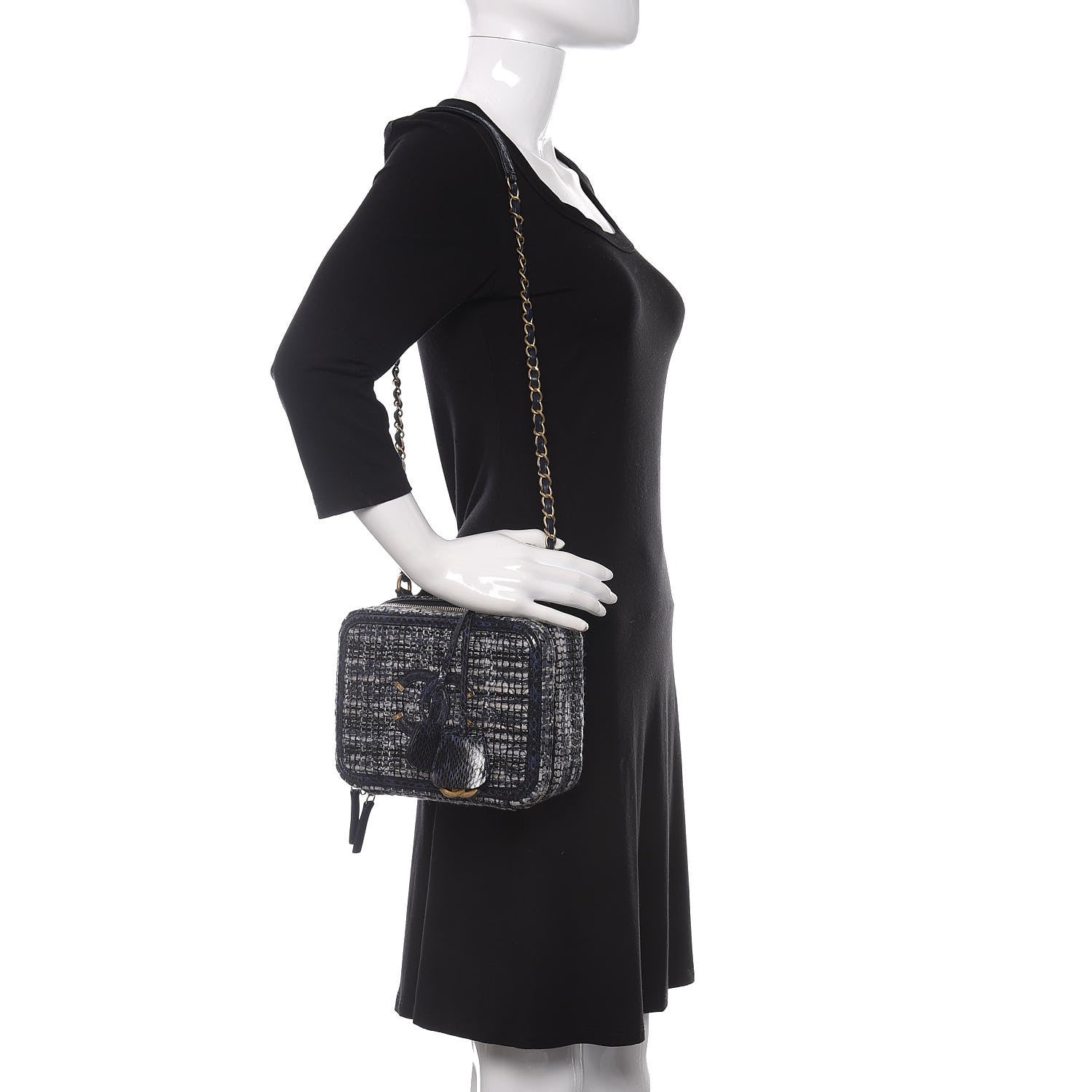 Chanel Tweed Snakeskin Quilted Medium CC Filigree Vanity Case Black Ecru Silver 2 of 10