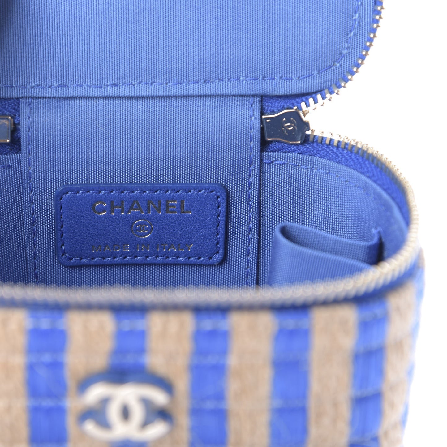 Raffia Jute Striped Mini Vanity Case With Chain Blue Beige