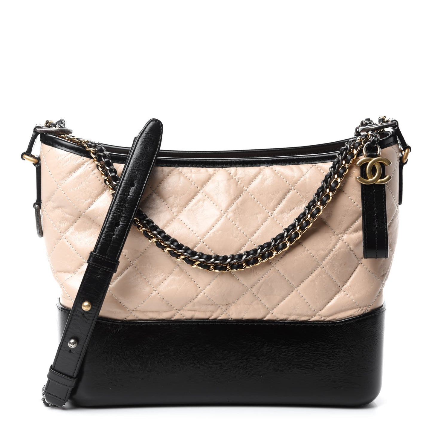 Aged Calfskin Quilted Medium Gabrielle Hobo Beige Black
