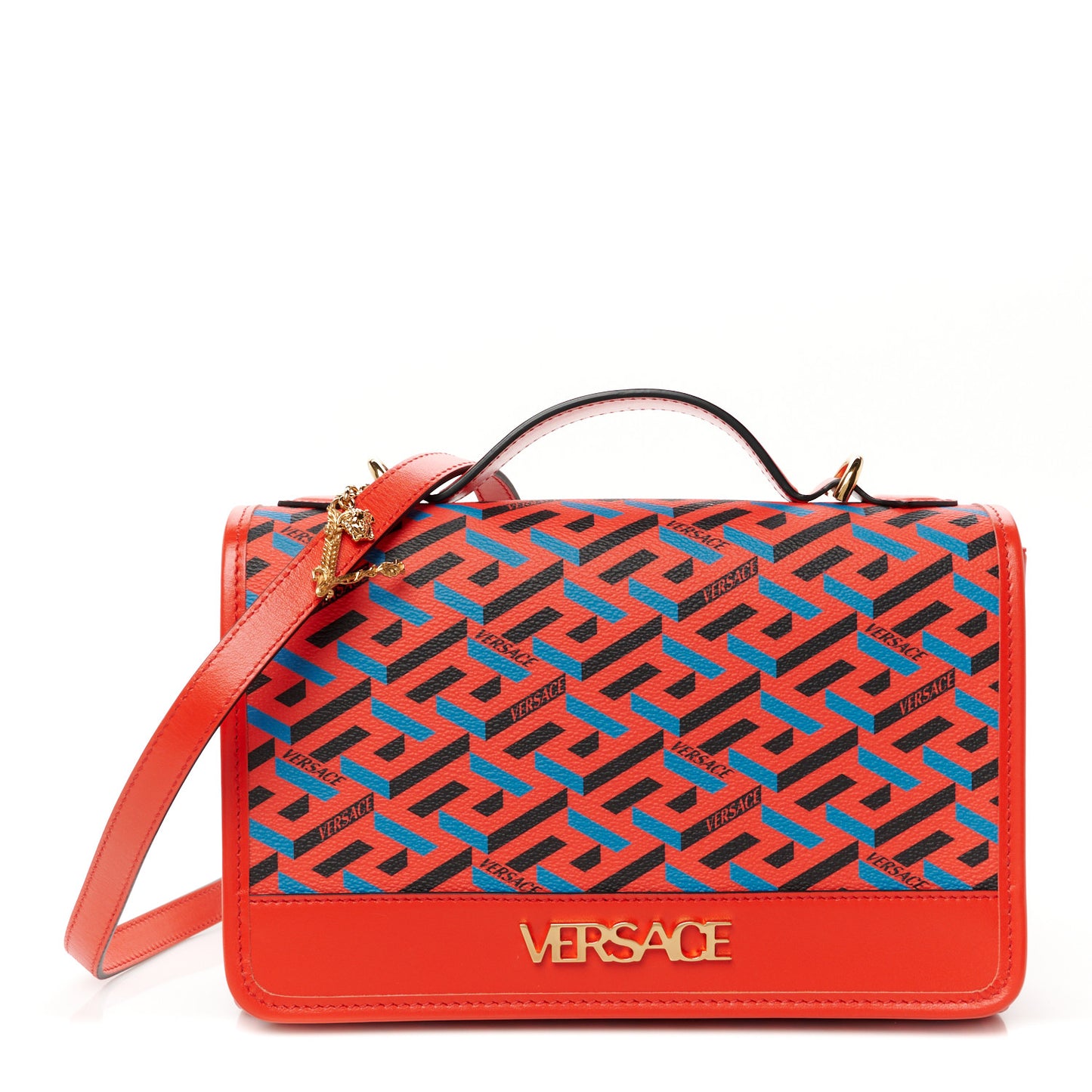 Coated Canvas La Greca Signature Top Handle Bag Blue Red
