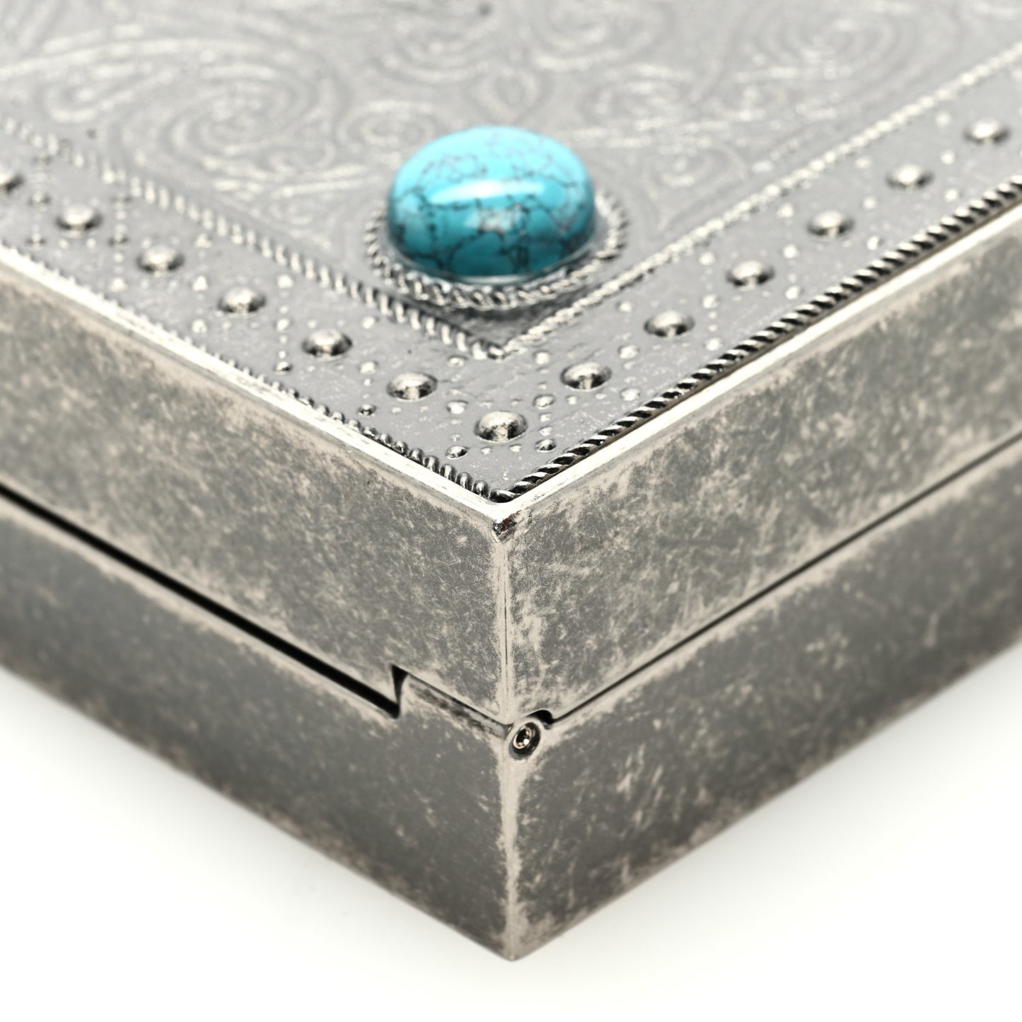 Metal Turquoise Studded Minaudiere Tuxedo Box Clutch Silver