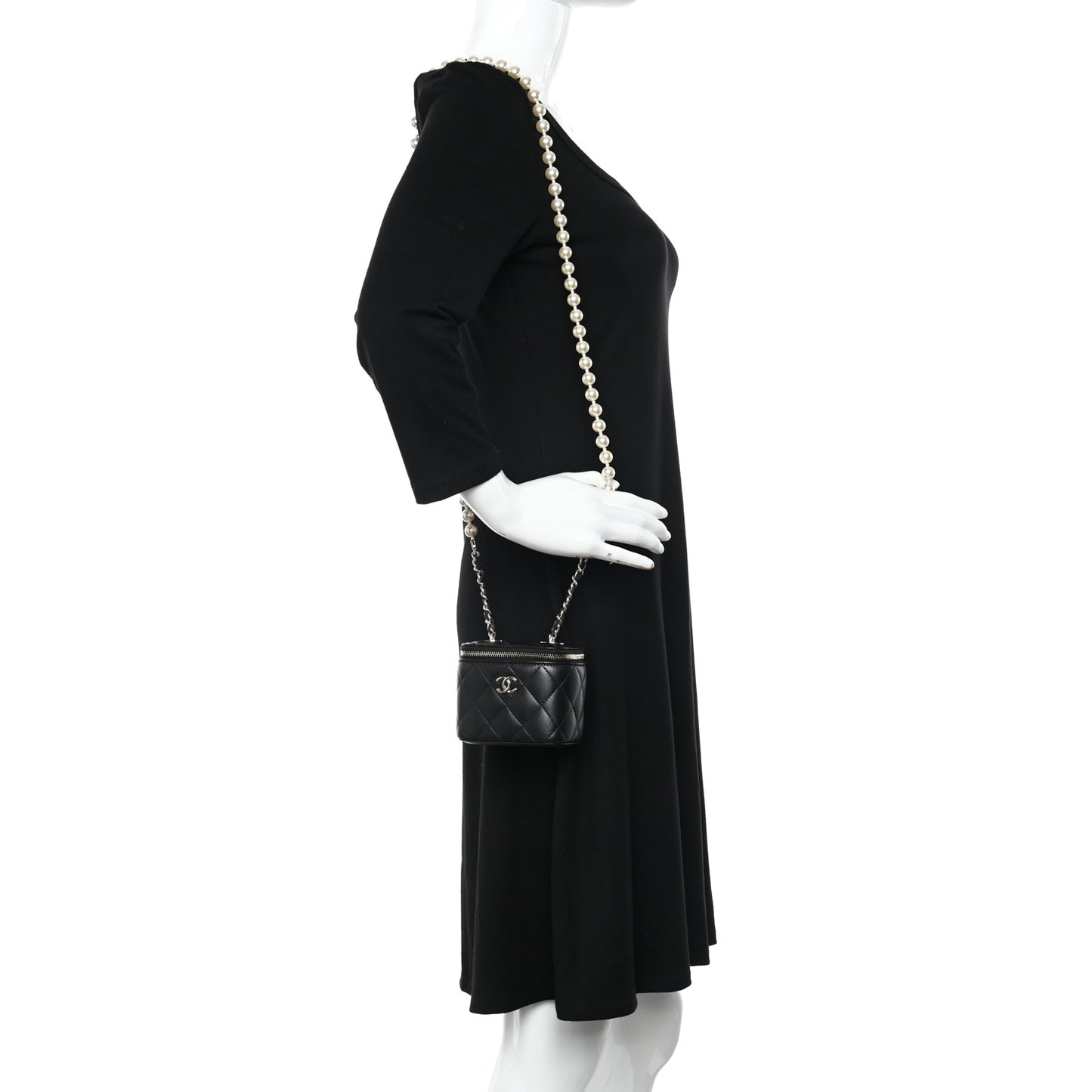 Lambskin Quilted Mini Vanity Case With Pearl Chain Black