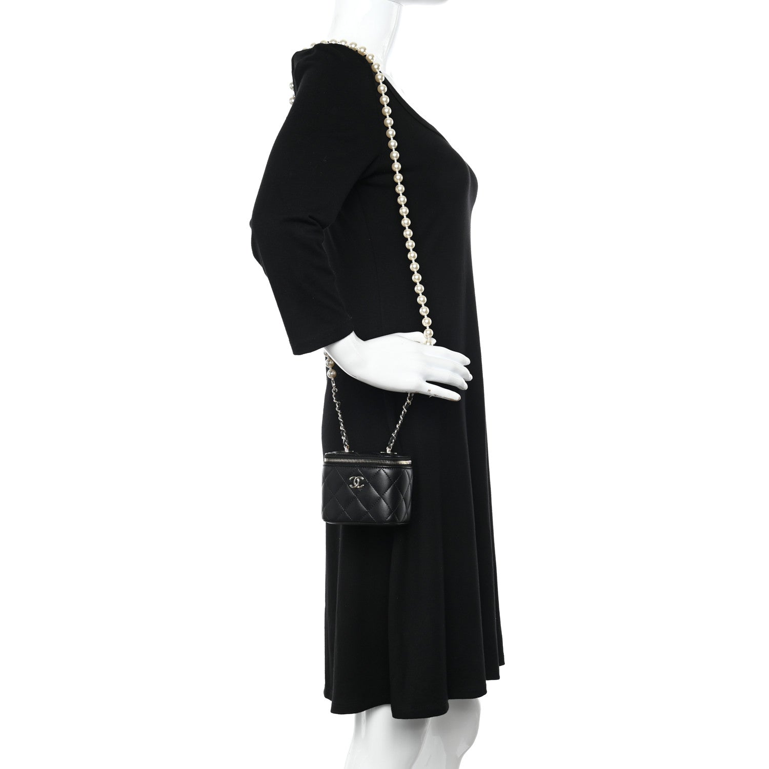 Chanel Lambskin Quilted Mini Vanity Case With Pearl Chain Black 2 of 10