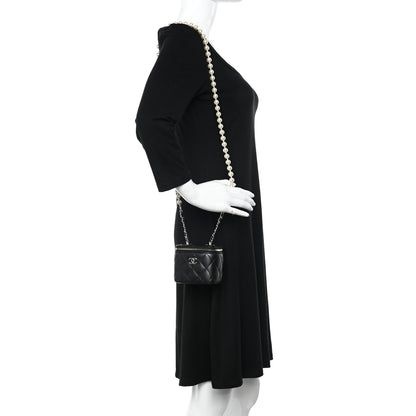 Chanel Lambskin Quilted Mini Vanity Case With Pearl Chain Black 2 of 10