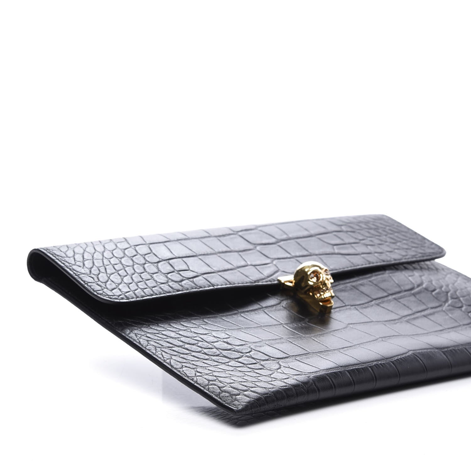 Alexander McQueen Calfskin Crocodile Embossed Skull Envelope Clutch Black 5 of 8