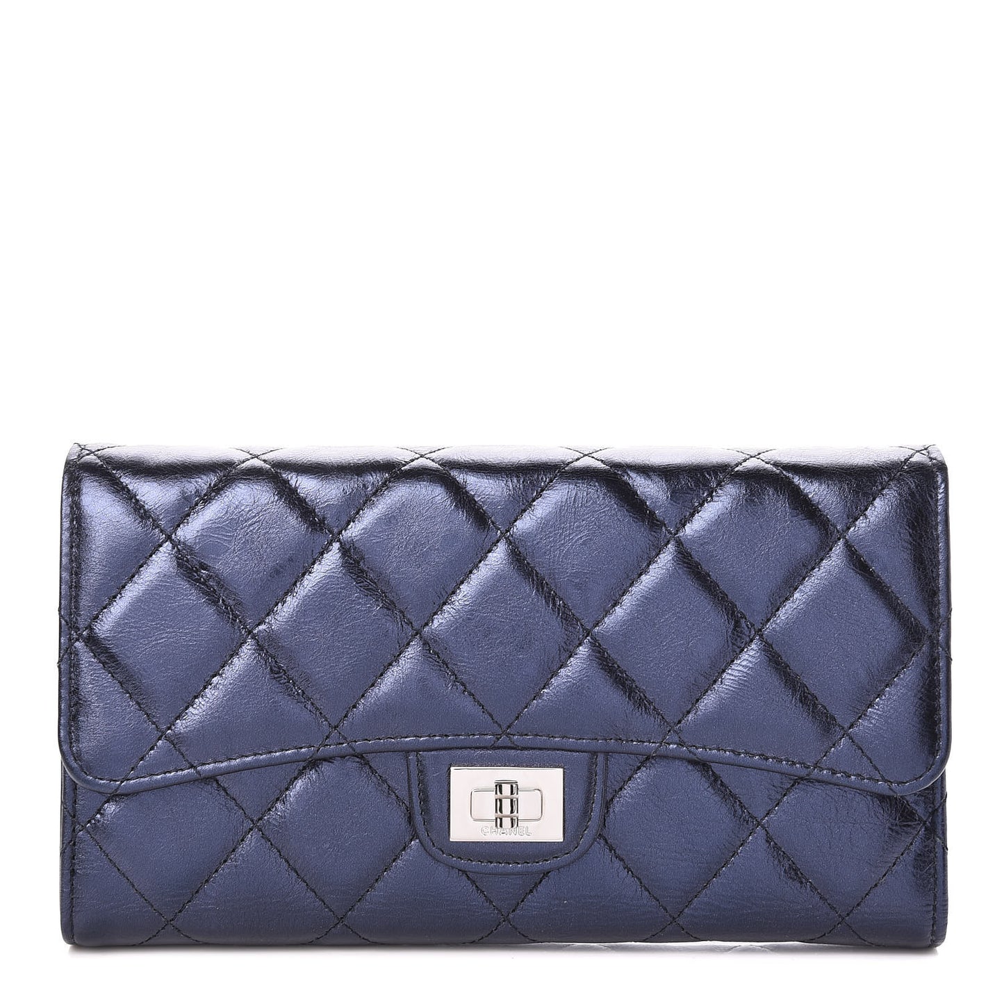 Metallic Aged Calfskin Quilted Reissue Long Flap Wallet Dark Navy Blue