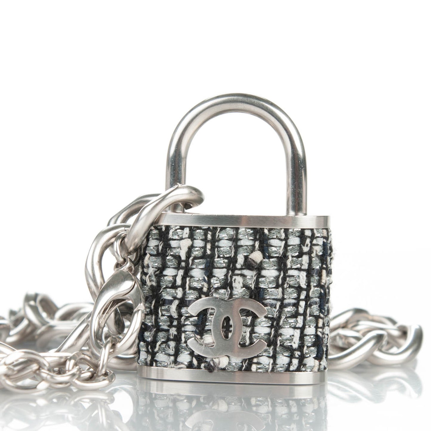 Tweed CC Oversized Padlock Chain Belt Black Silver