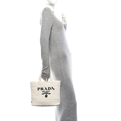 Prada Yarn Raffia Effect Crochet Embroidered Small Logo Tote White 2 of 10