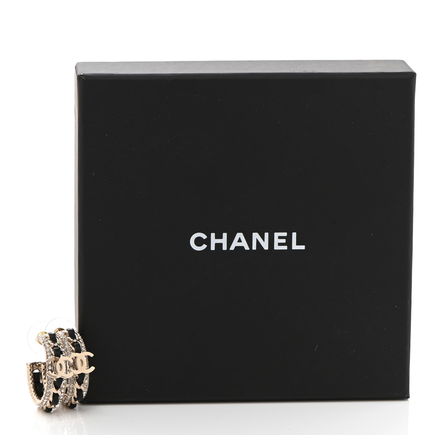 Chanel Crystal Lambskin CC Chain Hoop Earrings Gold Black 5 of 5