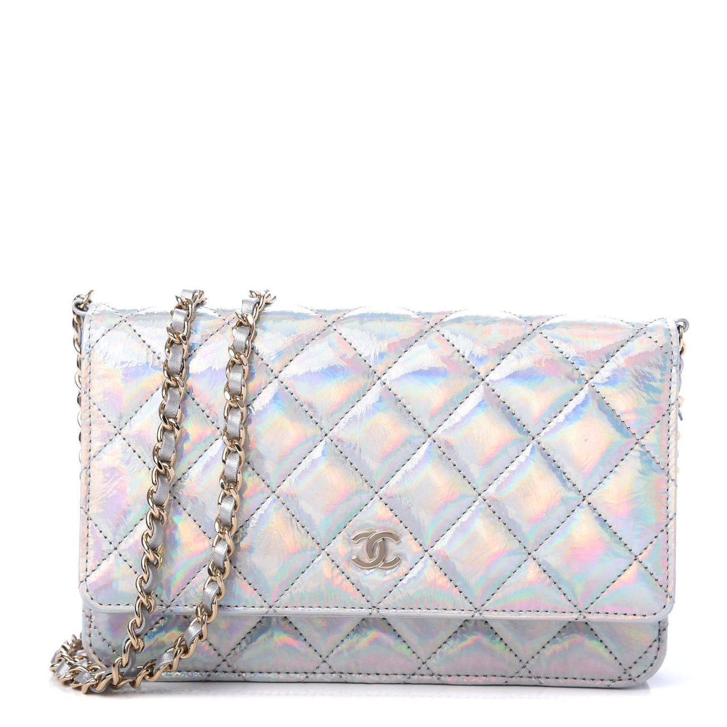 Iridescent Goatskin Quilted Wallet On Chain WOC Silver