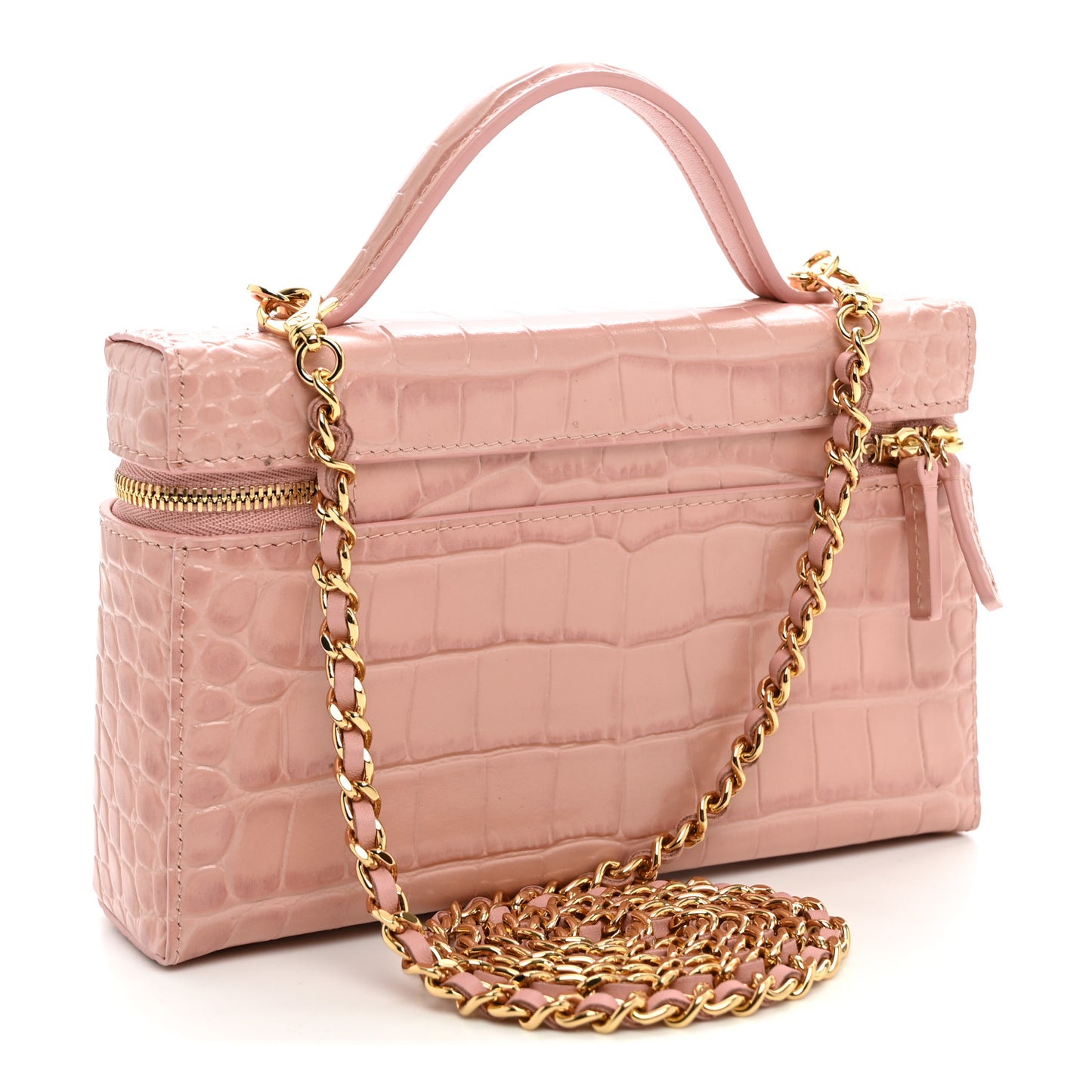 Calfskin Crocodile Embossed Crococo Top Handle Slim Vanity Case With Chain Light Pink