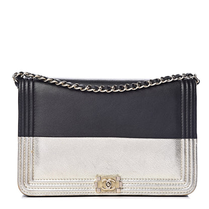 Chanel Metallic Goatskin Lambskin Boy Wallet on Chain WOC Black Gold 1 of 13