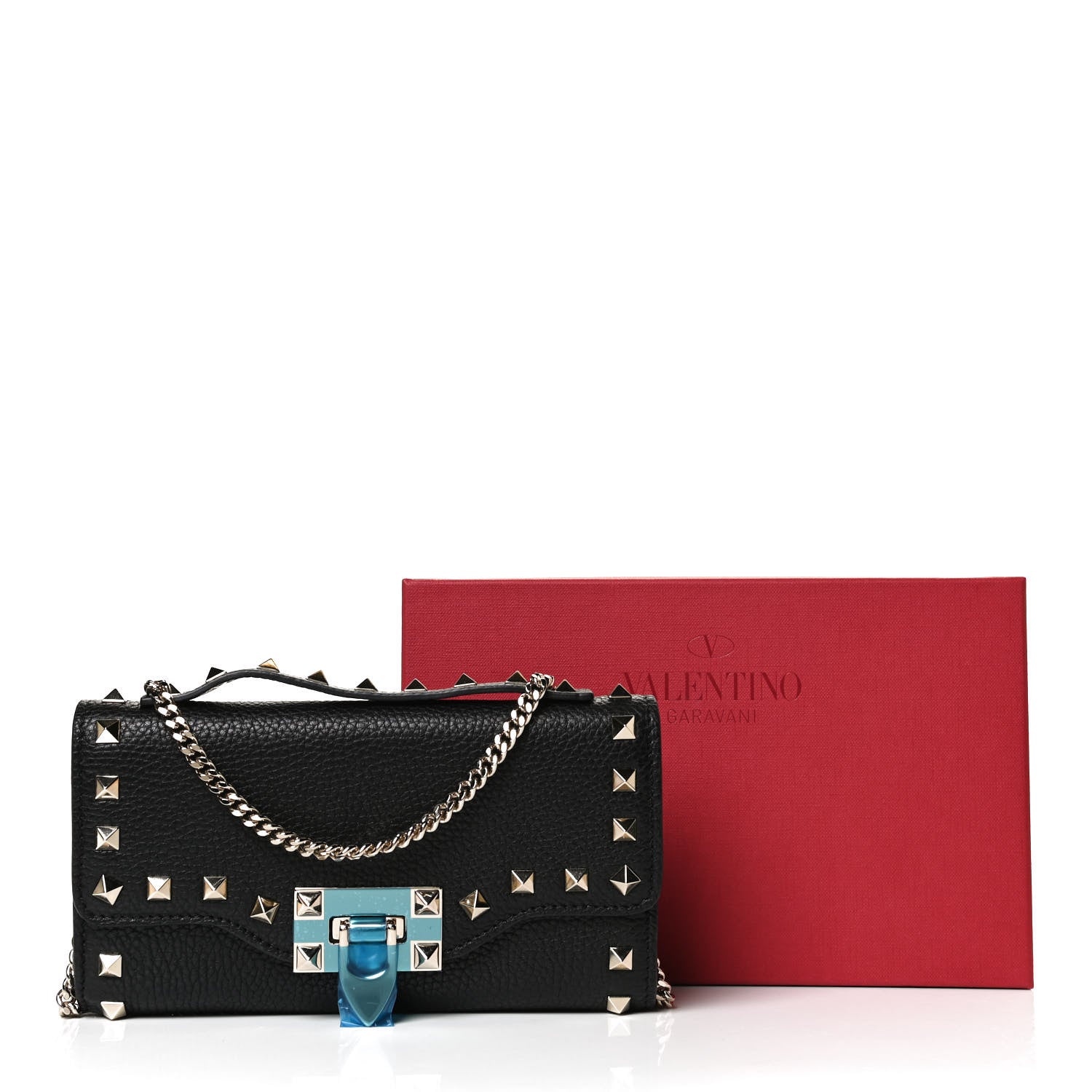 Valentino Garavani Pebbled Calfskin Rockstud Flip Lock Wallet On Chain Black 14 of 14