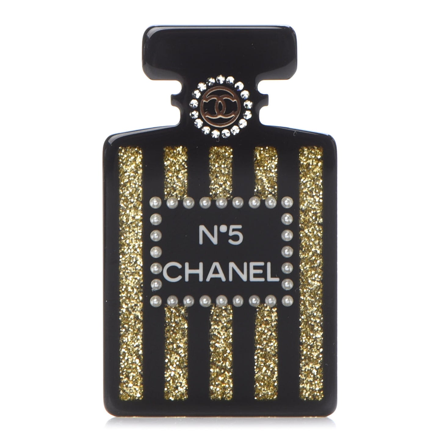 Resin Strass Perfume Bottle CC Brooch Black Gold