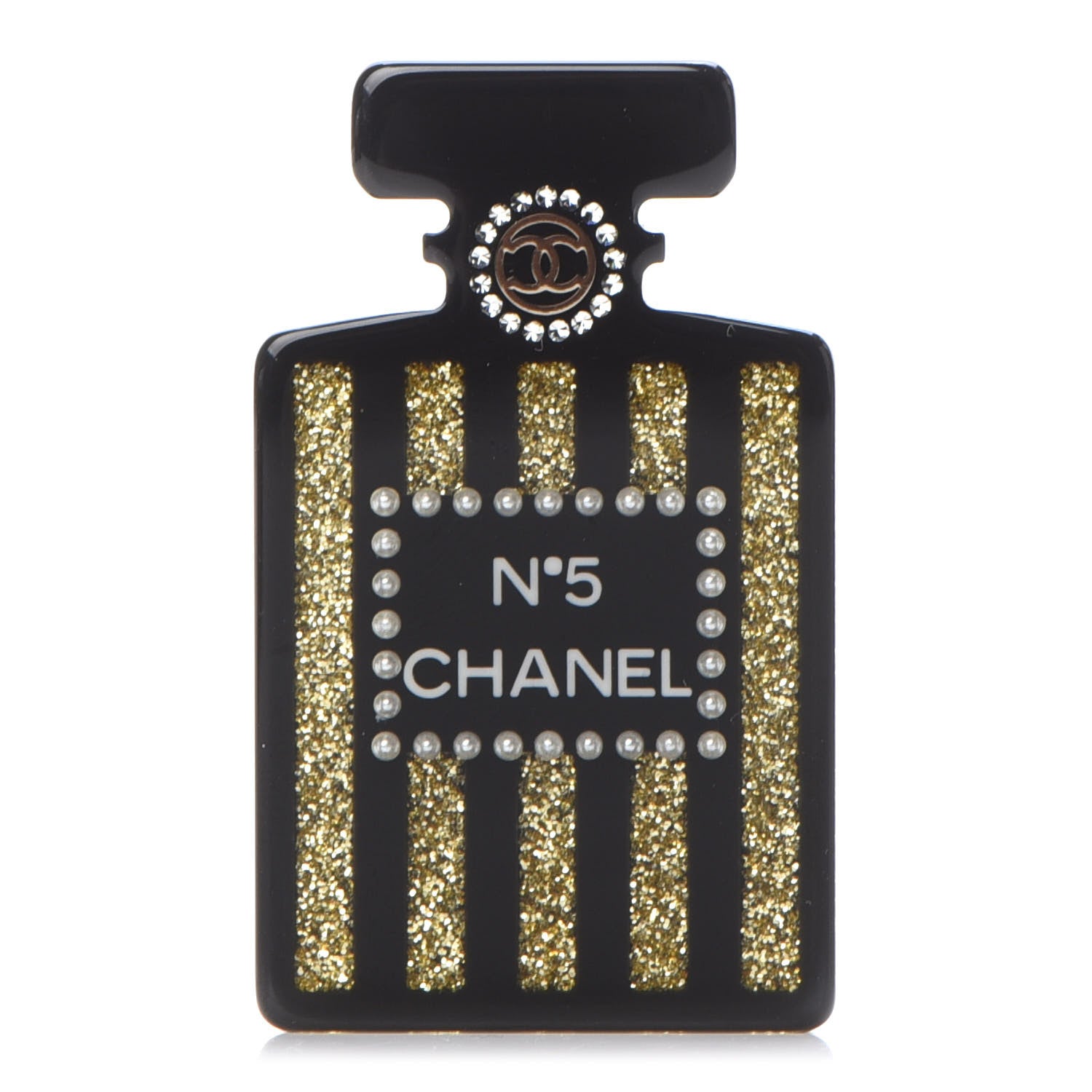 Chanel Resin Strass Perfume Bottle CC Brooch Black Gold 1 of 5