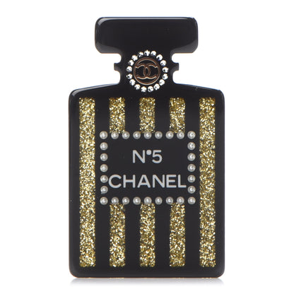 Chanel Resin Strass Perfume Bottle CC Brooch Black Gold 1 of 5