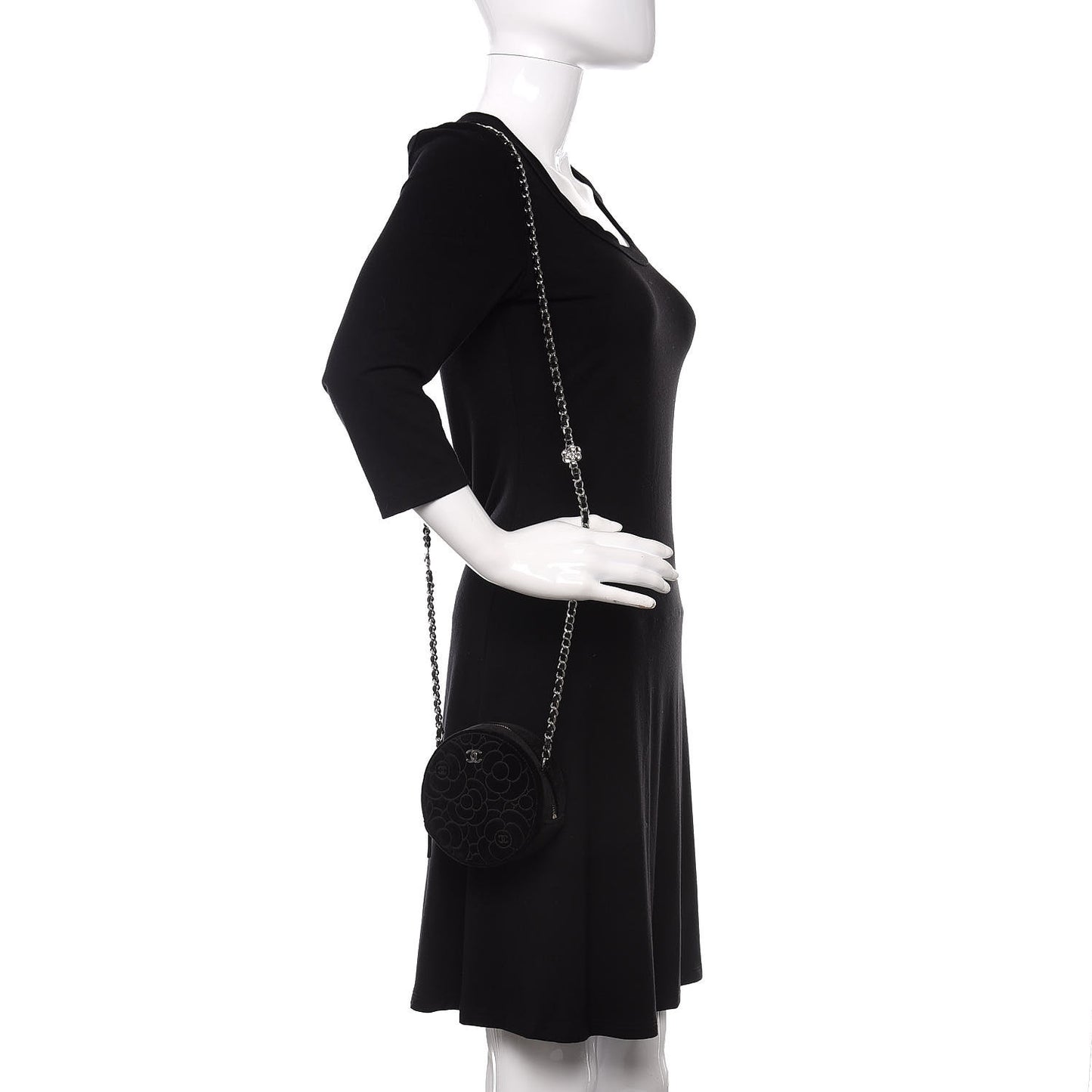 Velvet Camellia Round Clutch With Chain Black