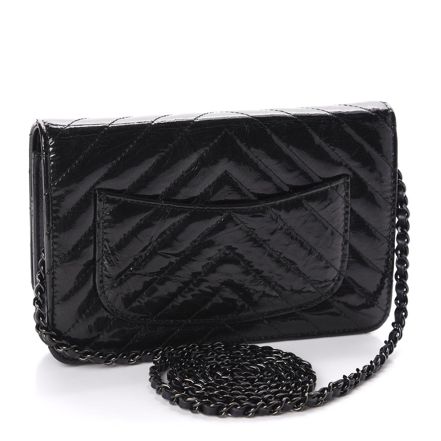 Patent Metallic Crumpled Calfskin Chevron Quilted Wallet On Chain WOC Black