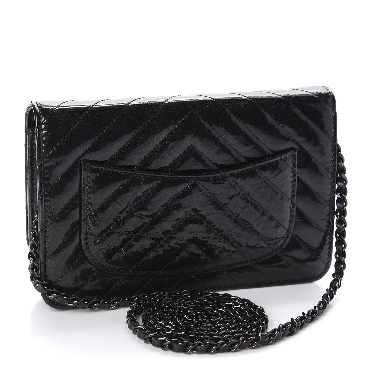 Chanel Patent Metallic Crumpled Calfskin Chevron Quilted Wallet On Chain WOC Black 3 of 12