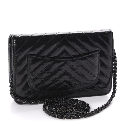 Chanel Patent Metallic Crumpled Calfskin Chevron Quilted Wallet On Chain WOC Black 3 of 12