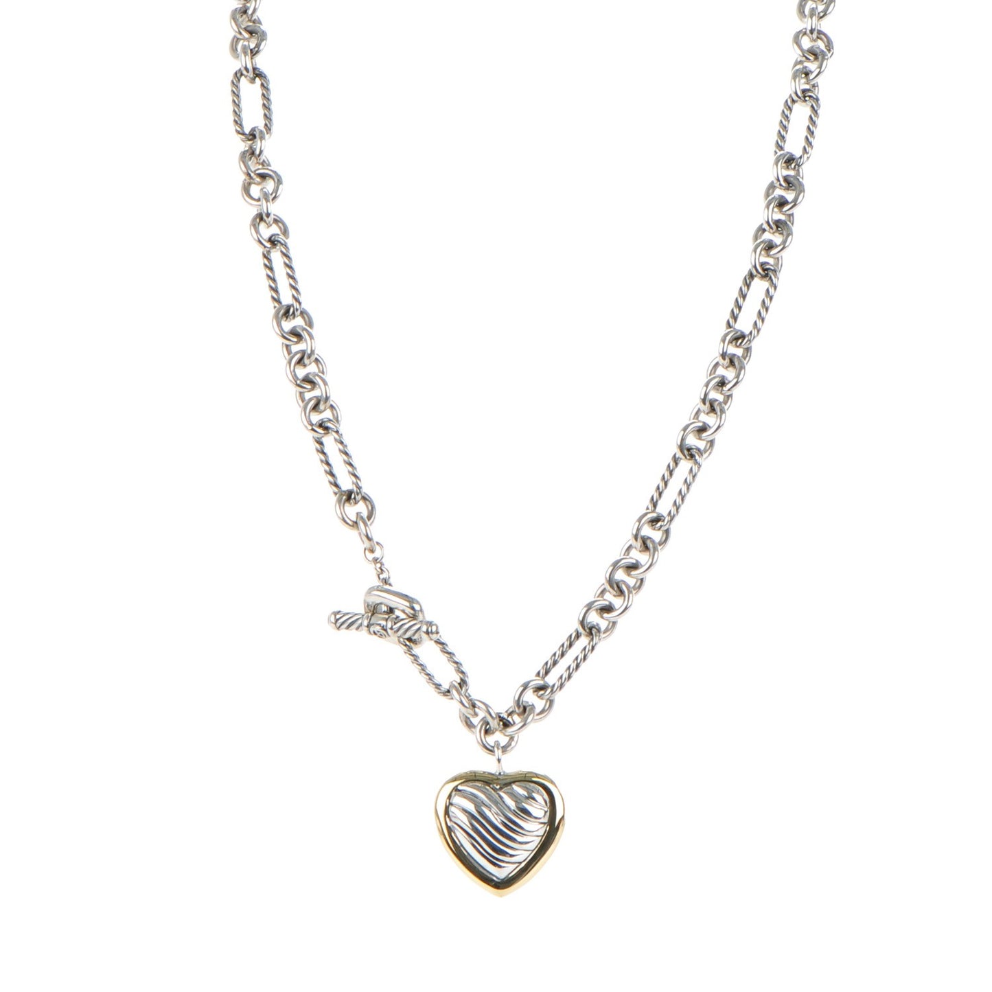 Sterling Silver 18K Yellow Gold Cable Heart Figaro Necklace