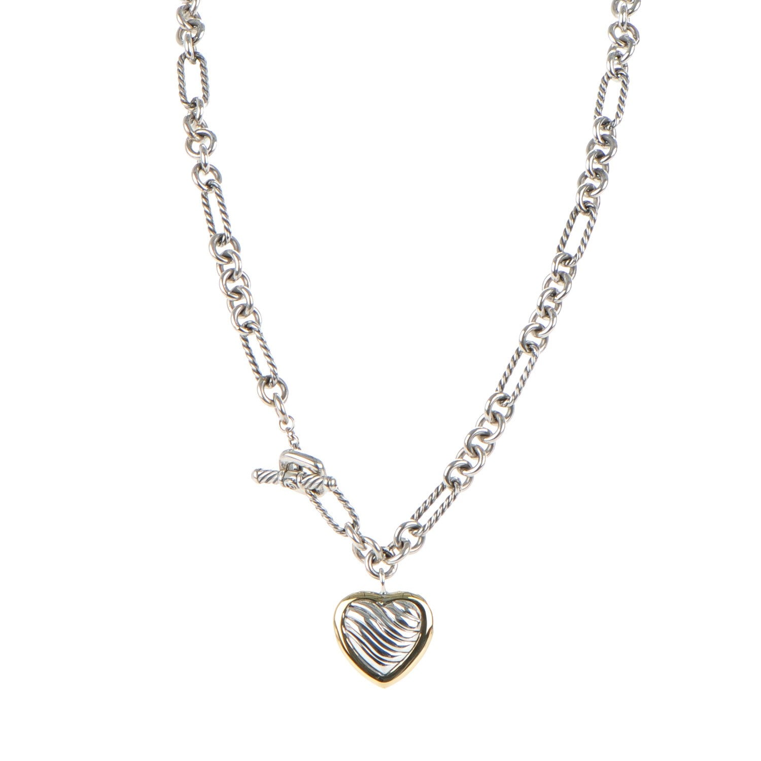David Yurman Sterling Silver 18K Yellow Gold Cable Heart Figaro Necklace 1 of 4