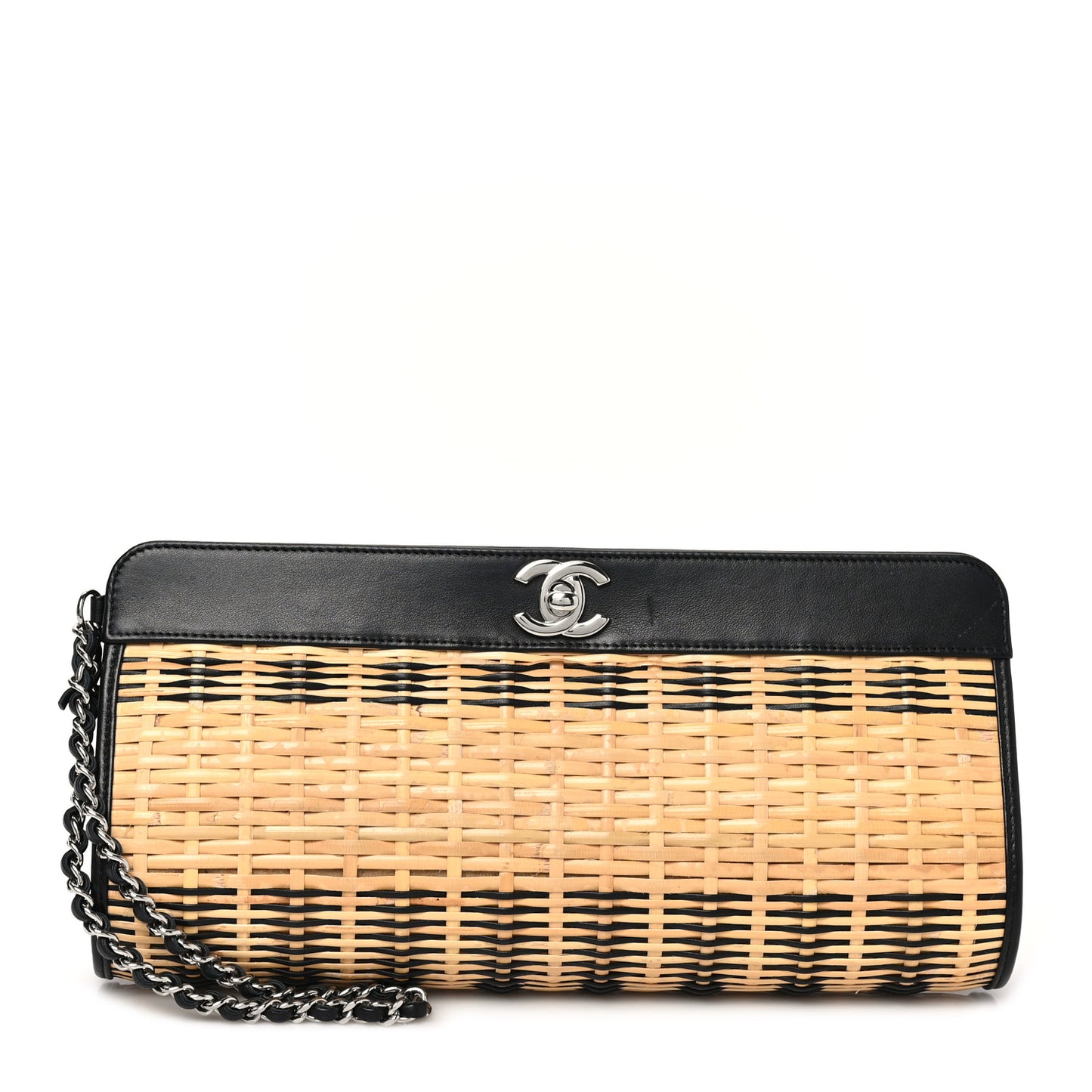Rattan Calfskin CC Chain Wristlet Clutch Black Beige