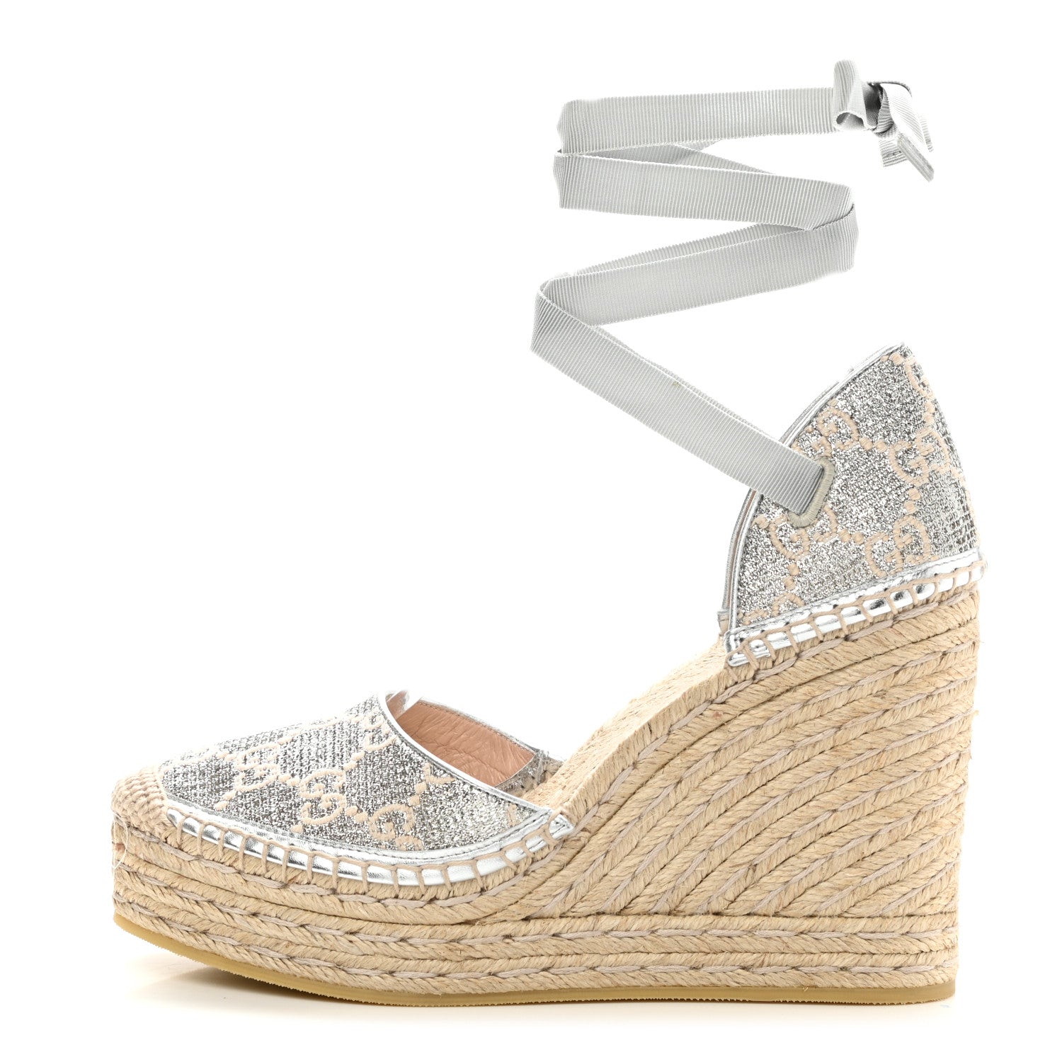 Gucci Lame GG Monogram Ankle Wrap Platform Espadrille Wedges 40 Silver Beige Light Grey 1 of 9
