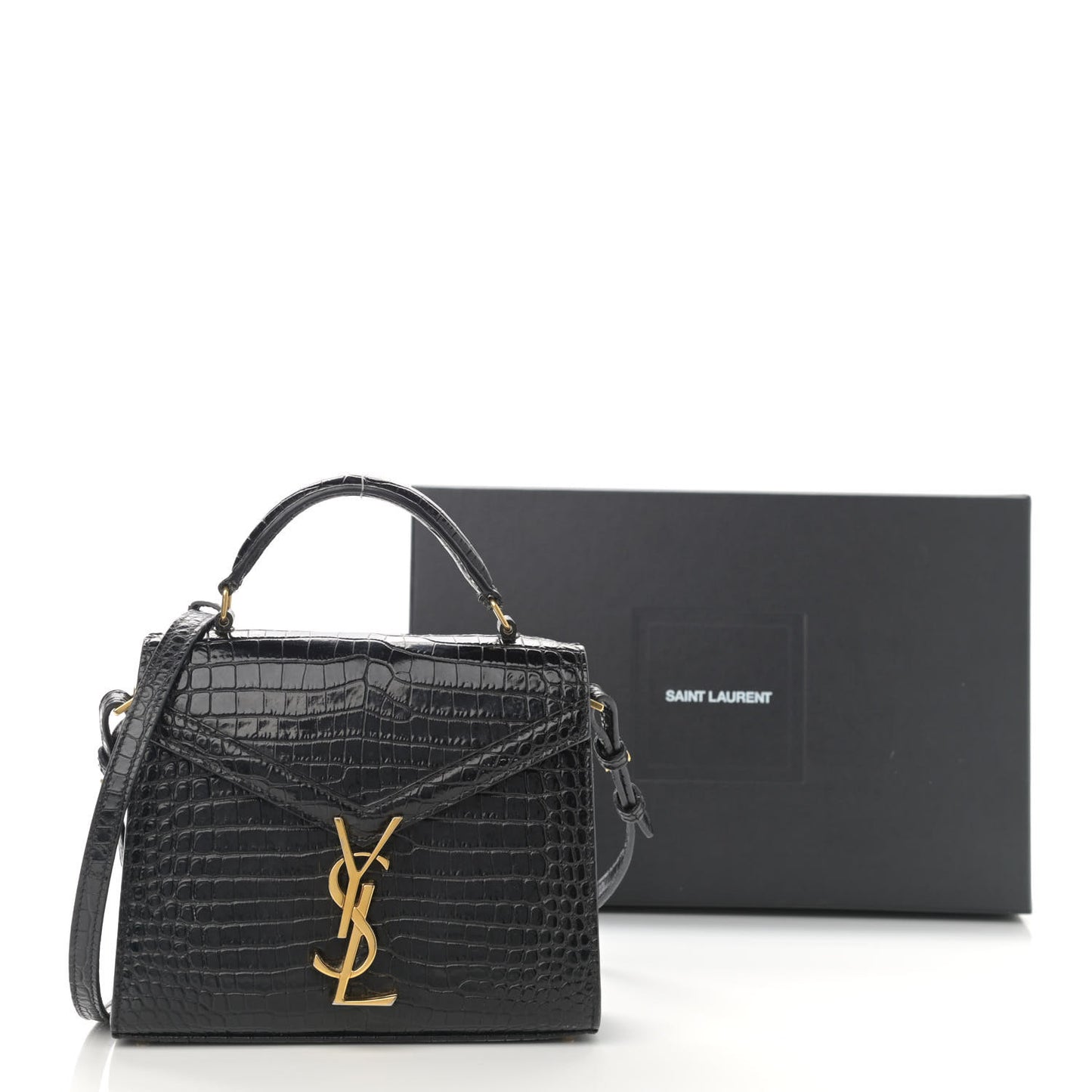 Calfskin Crocodile Embossed Mini Classic Monogram Cassandra Top Handle Black