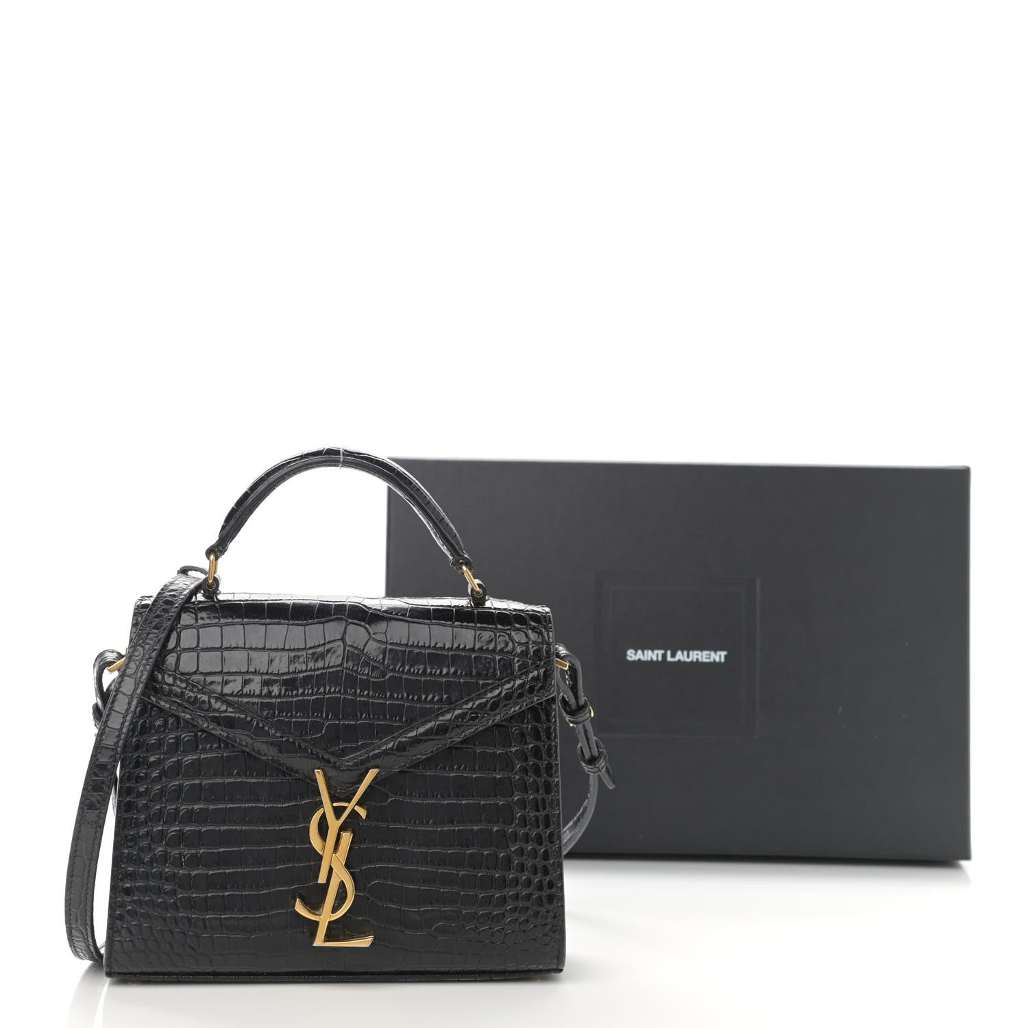 Saint Laurent Calfskin Crocodile Embossed Mini Classic Monogram Cassandra Top Handle Black 9 of 9