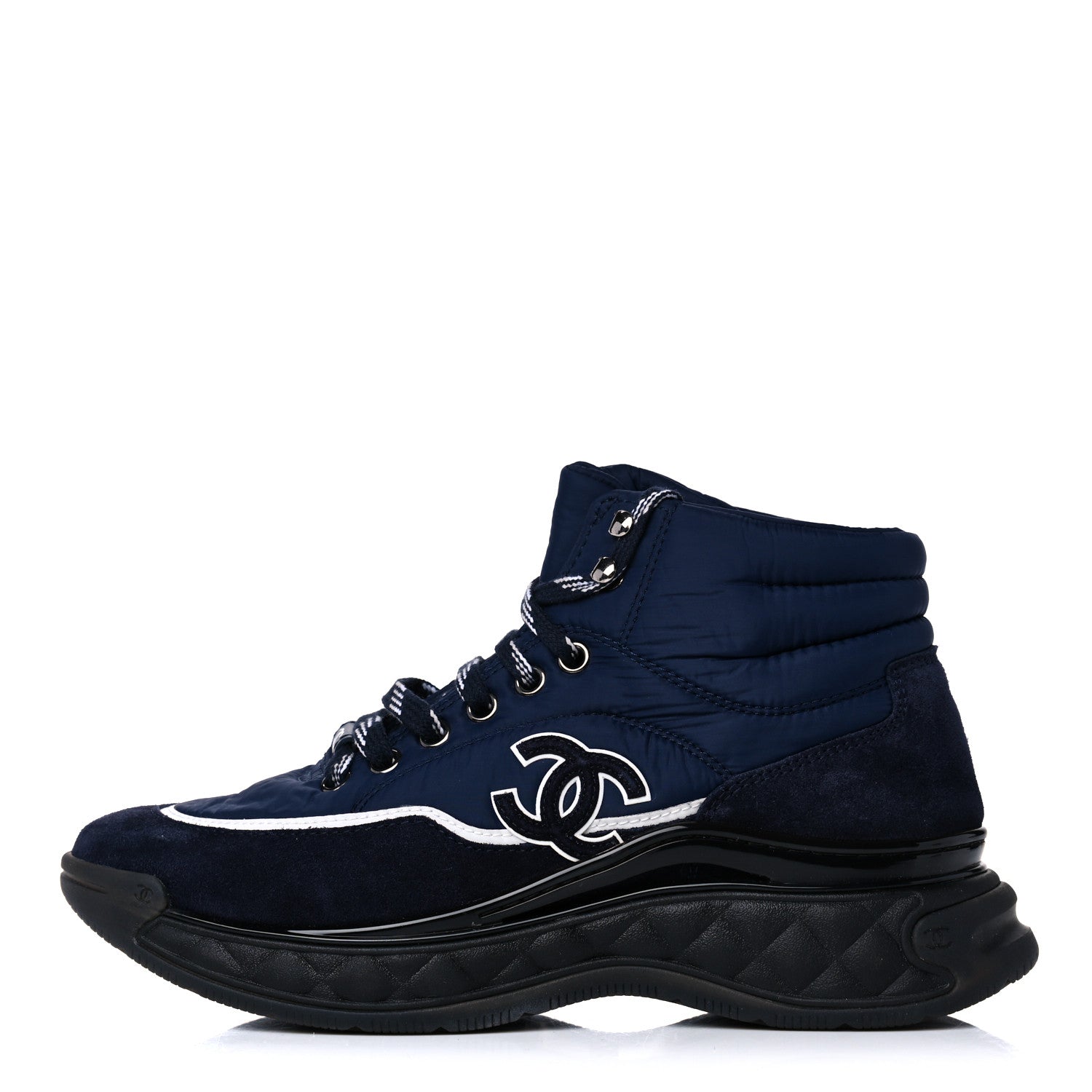 Chanel Fabric Calfskin Suede Womens CC Sneakers 37 Navy 2 of 13