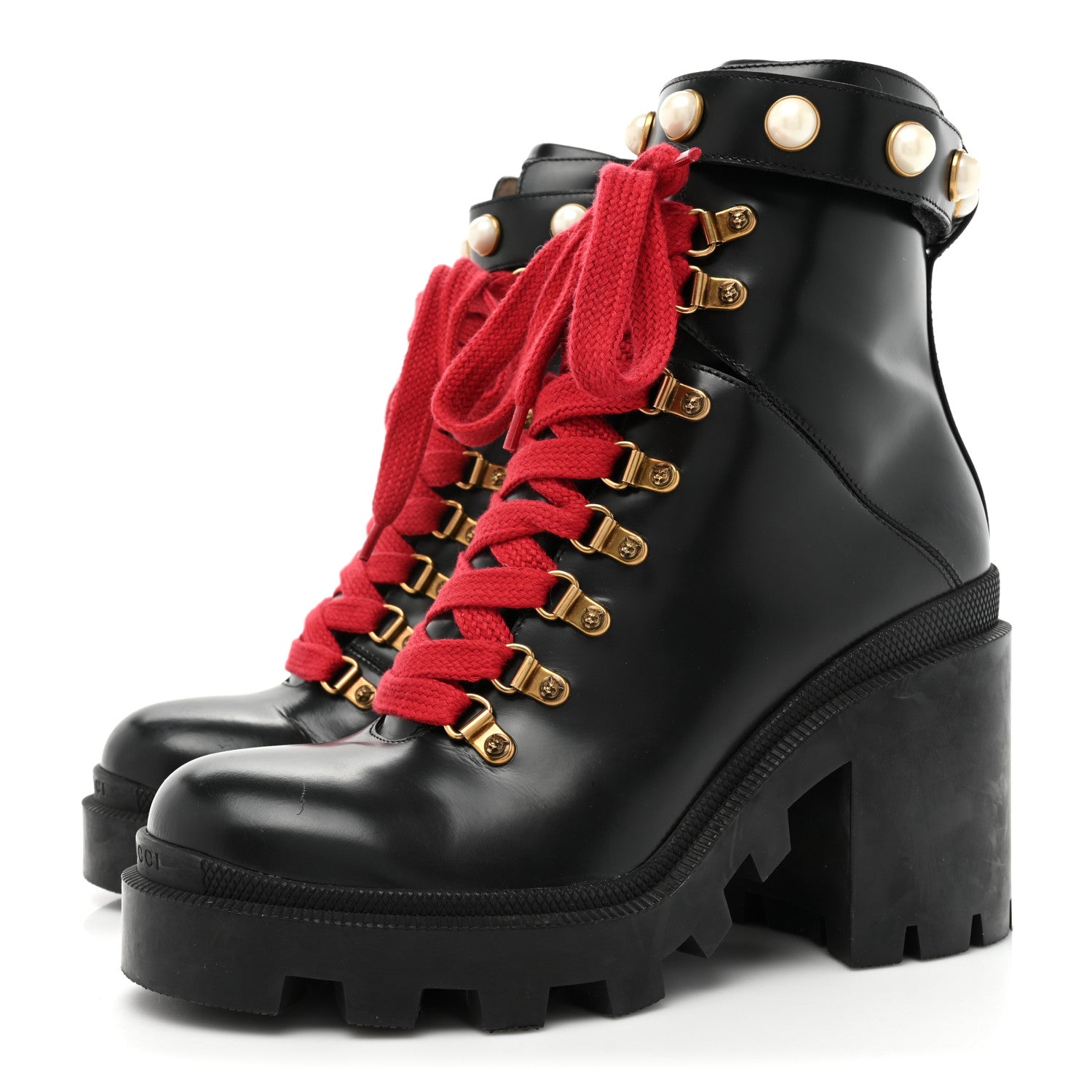 Gucci Magnum Calfskin Pearl Lace Up Combat Ankle Boots 39.5 Black Red 3 of 18