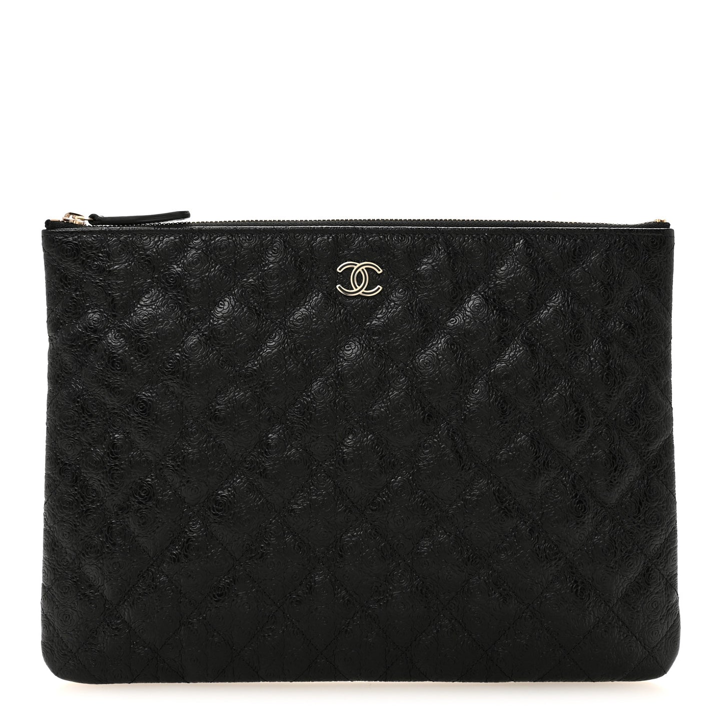 Calfskin Camellia Embossed Quilted Medium Cosmetic Case Black