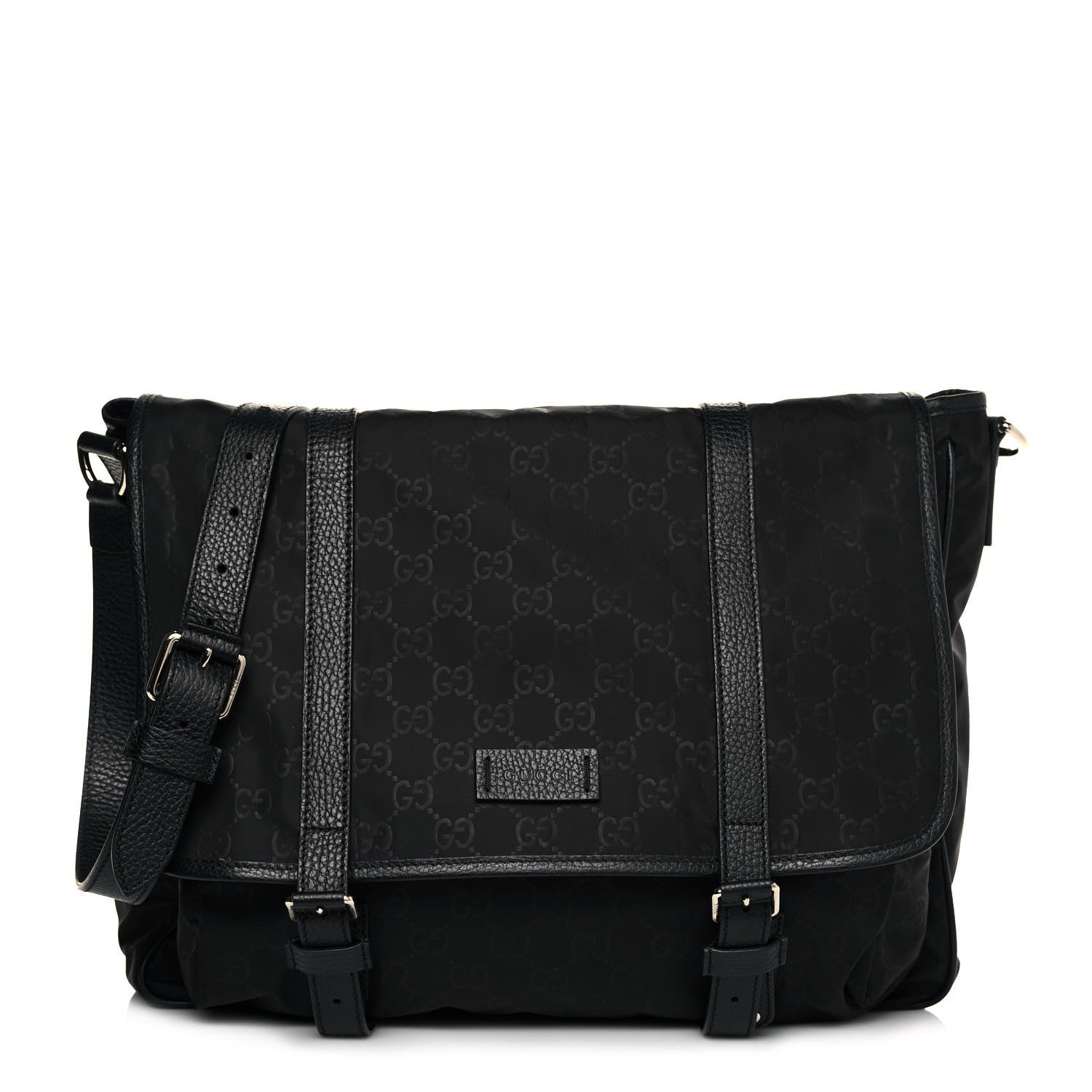 Gucci Nylon Monogram Double Buckle Flap Messenger Bag Black 1 of 12