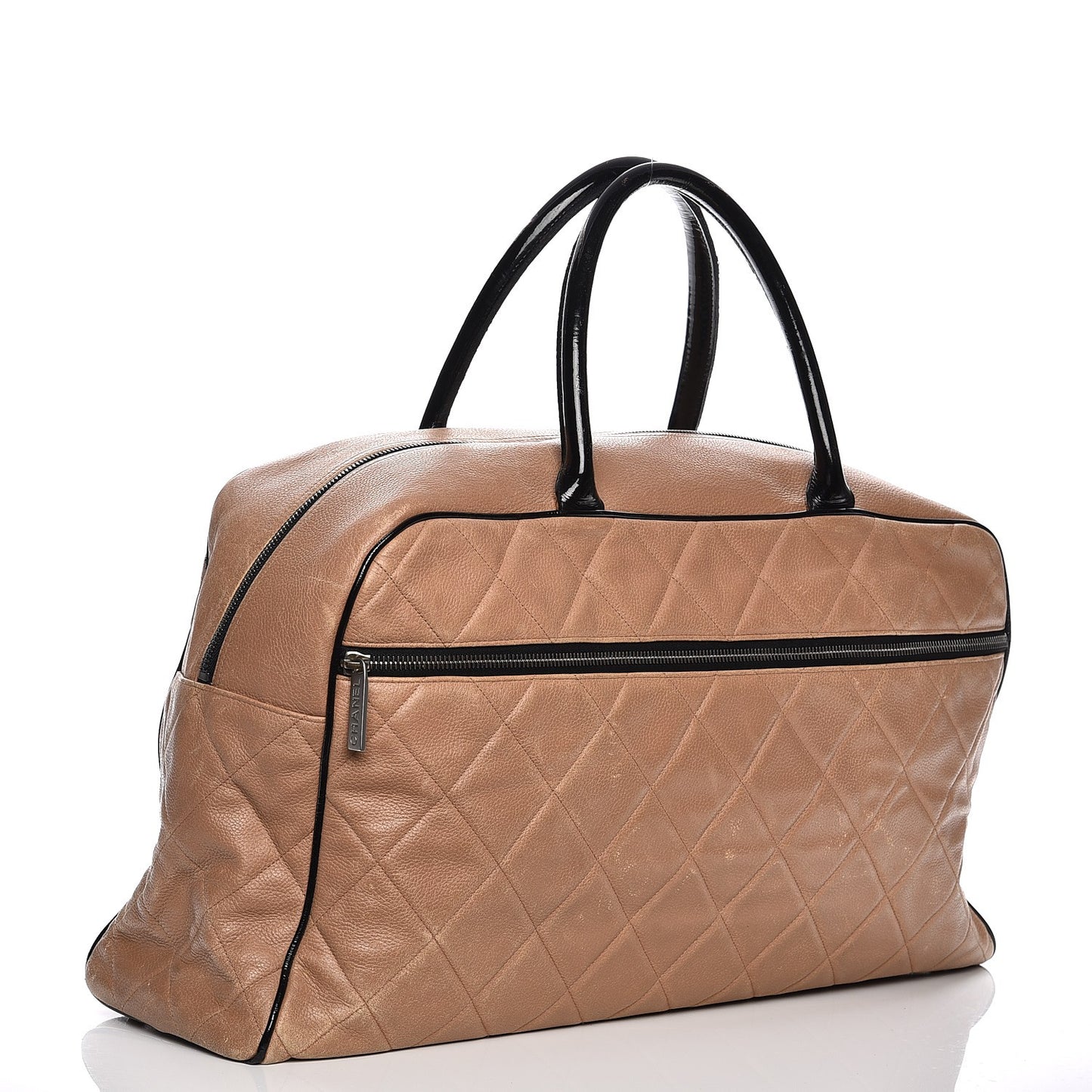 Caviar Patent Quilted Large Bowler Bag Beige Black