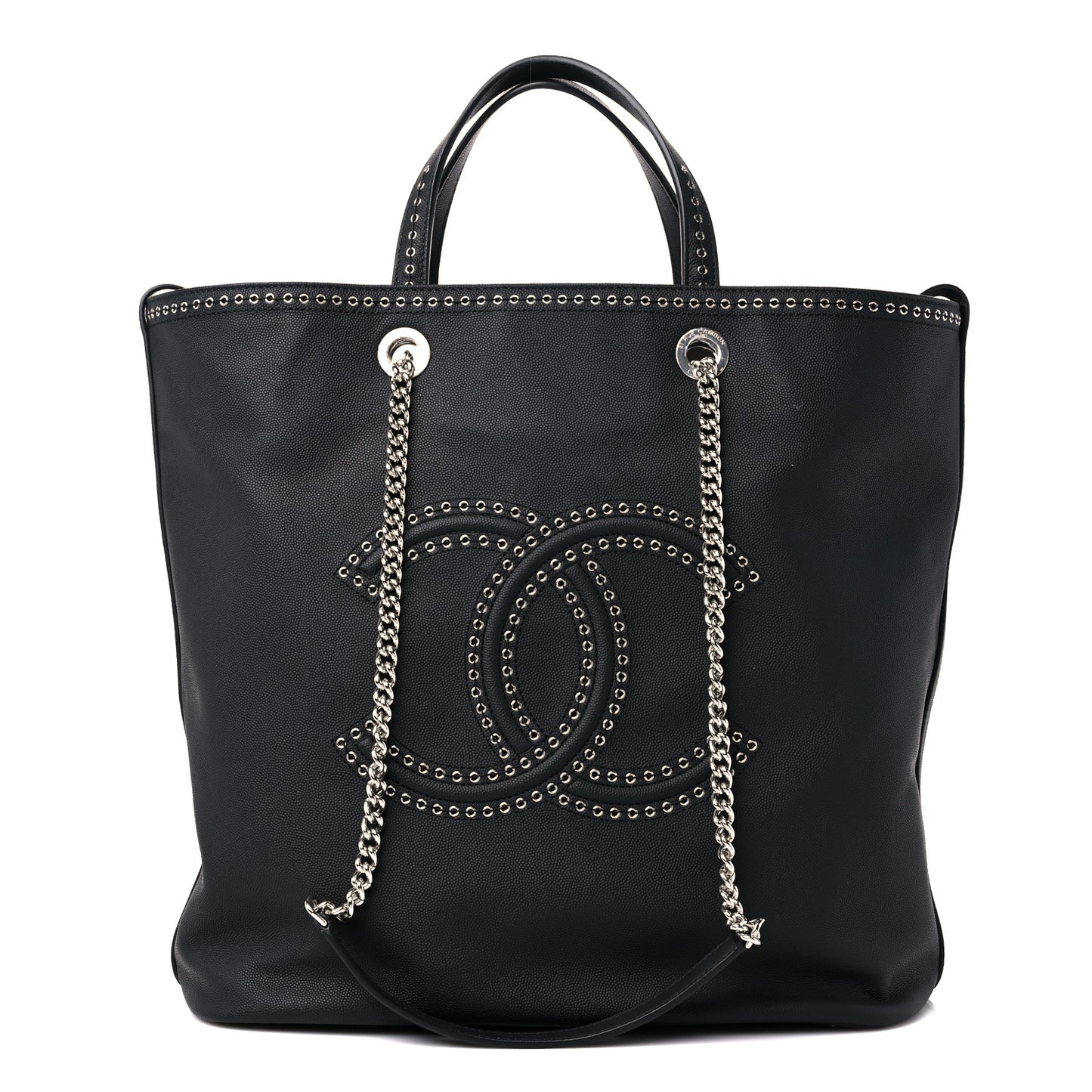 Grained Calfskin Large Coco Eyelets Shopping Tote Black