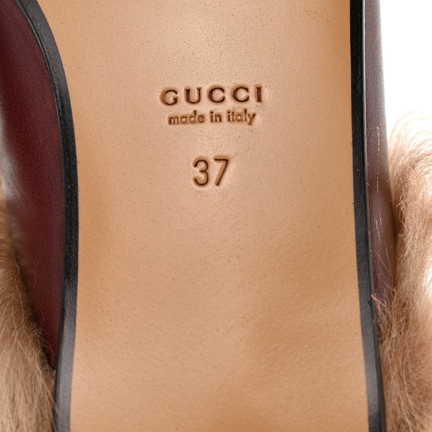 Gucci Malaga Kid Fur Womens Princetown Slippers 37 Vintage Bordeaux Naturale 6 of 10