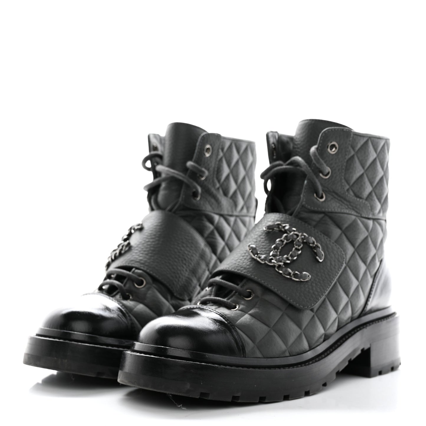 Calfskin Shiny Calfskin Quilted Lace Up Combat Boots 37.5 Dark Grey Black