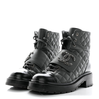 Chanel Calfskin Shiny Calfskin Quilted Lace Up Combat Boots 37.5 Dark Grey Black 3 of 10