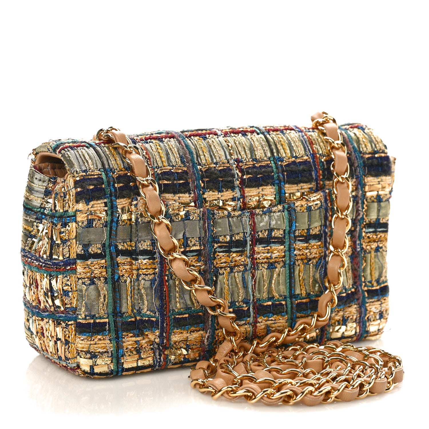Chanel Tweed Quilted Mini Rectangular Flap Gold Blue Light Green Black 3 of 9