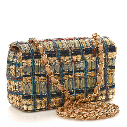 Chanel Tweed Quilted Mini Rectangular Flap Gold Blue Light Green Black 3 of 9