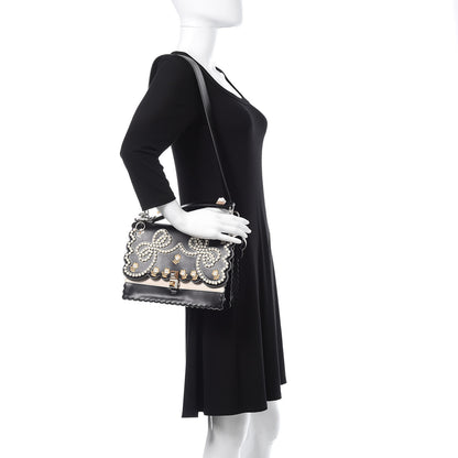 Fendi Vitello Liberty Pearl Bi-Color Flowers and Bows Scalloped Studded Kan I Shoulder Bag Black Camelia 2 of 12