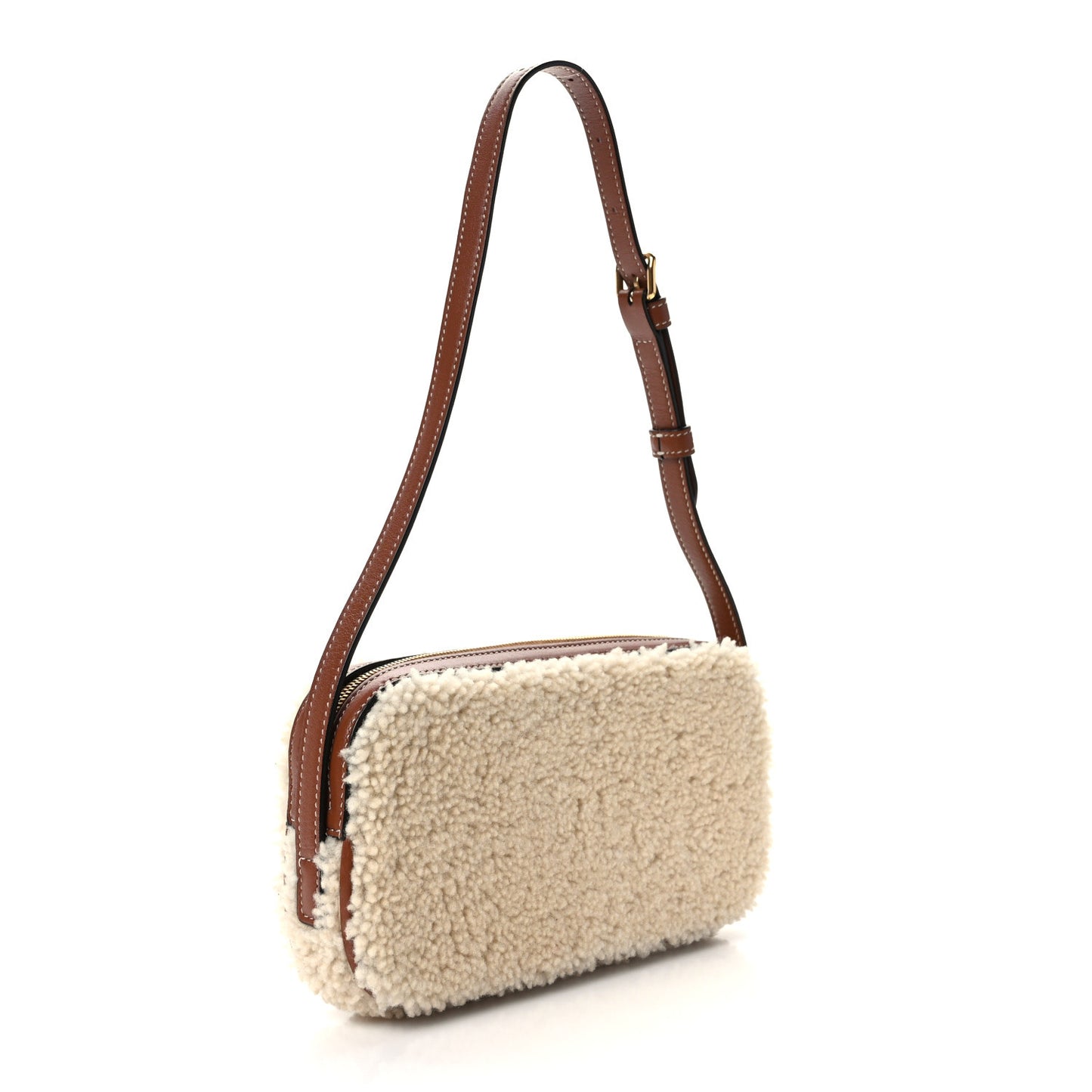 Shearling Calfskin Cuir Triomphe Mini Camera Shoulder Bag Natural Tan