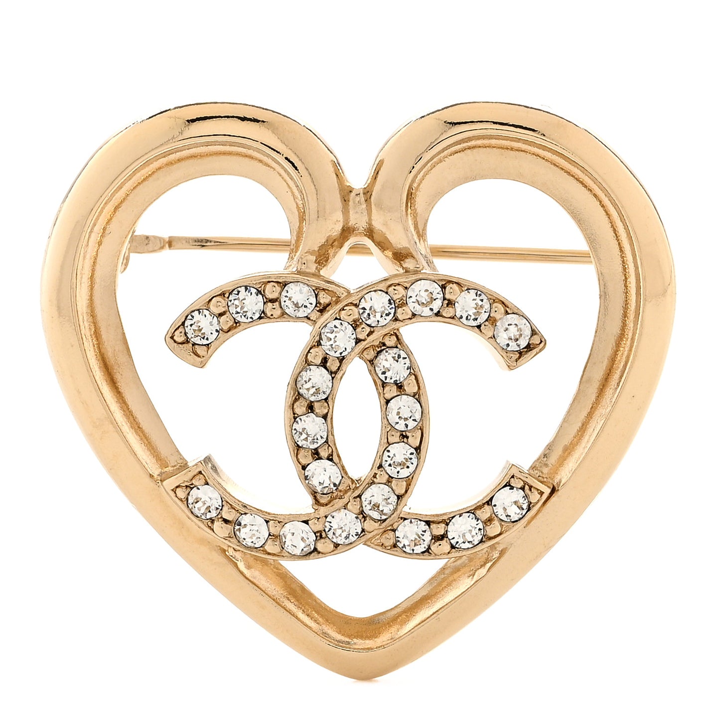 Metal Crystal CC Logo Heart Brooch Gold