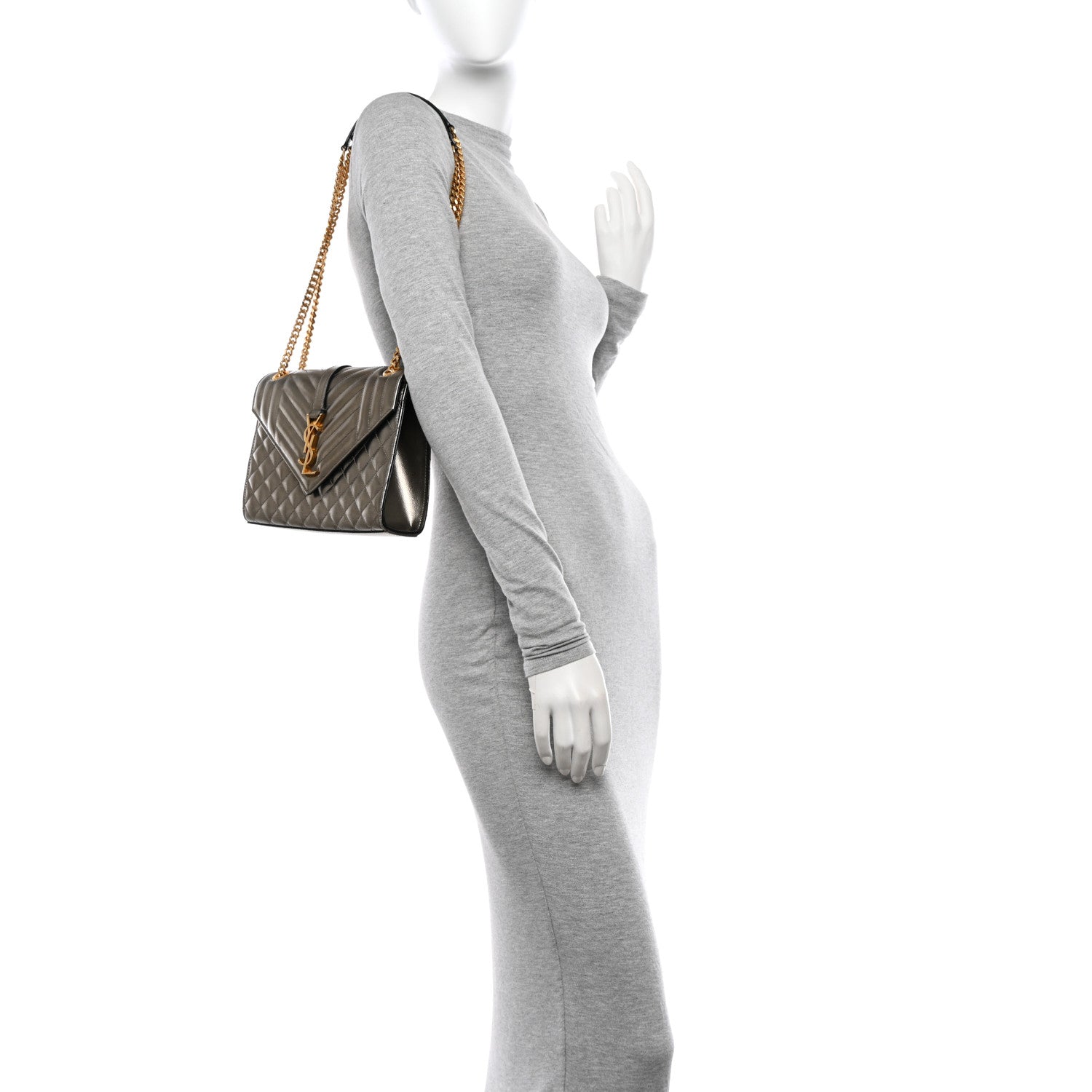 Saint Laurent Metallic Grain De Poudre Textured Mixed Matelasse Triquilt Medium Monogram Satchel Gold 2 of 16